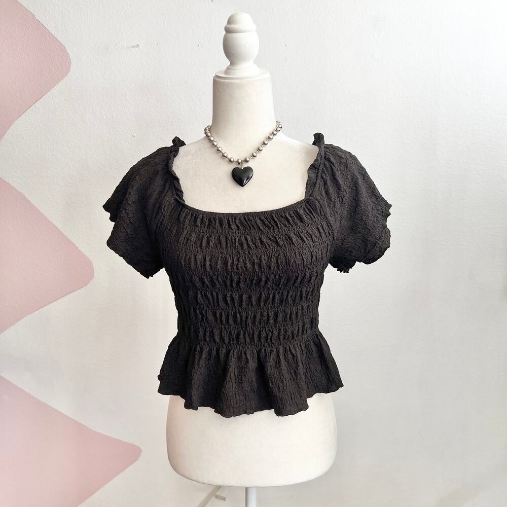 Black Smocked Puff Sleeve Top, Fairy Grunge Y2K 2000s Gothic‎ Coquette Small